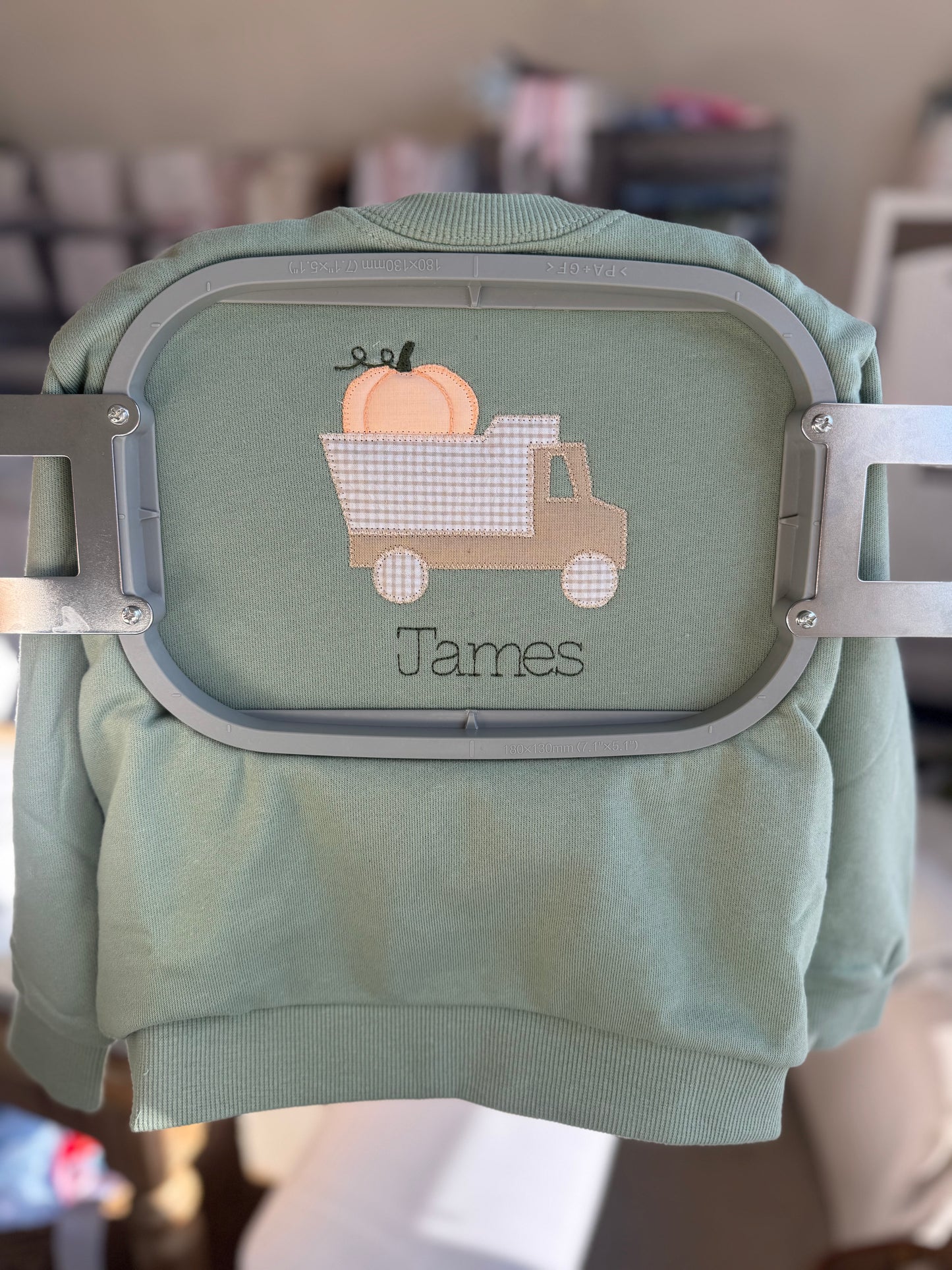 Boys Sage Green Sweatshirt - Pumpkin Dump Truck Design