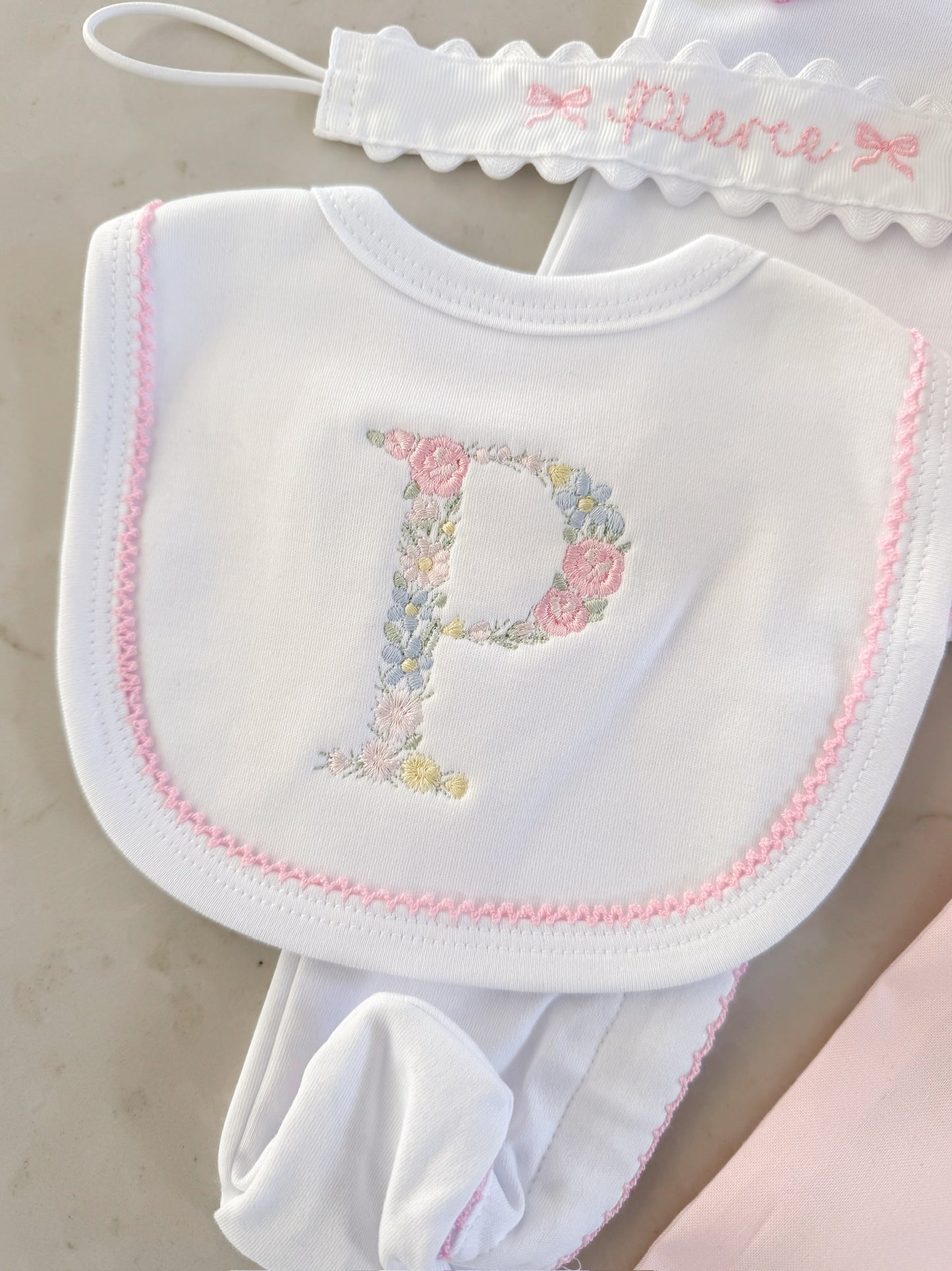Picot Trim Bib + Burp Sets