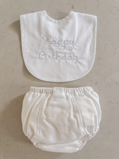 White Happy Birthday Bib & Diaper Cover Set (Blue)