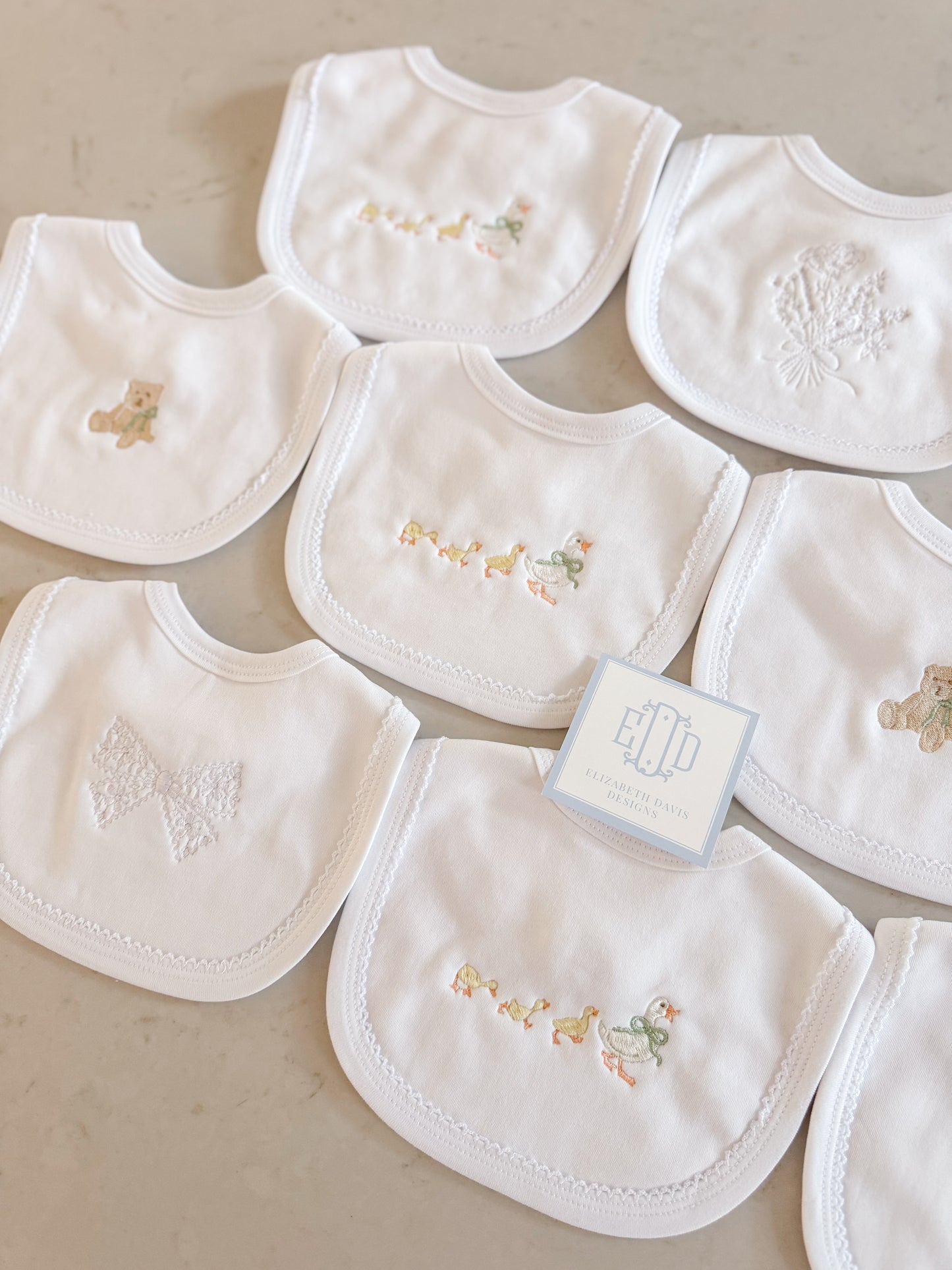 Picot Trim Bib + Burp Sets