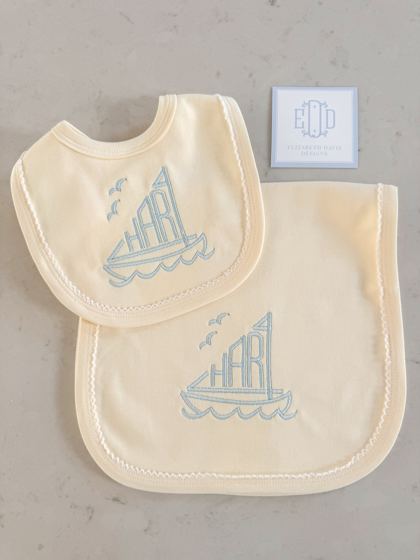 Picot Trim Bib + Burp Sets
