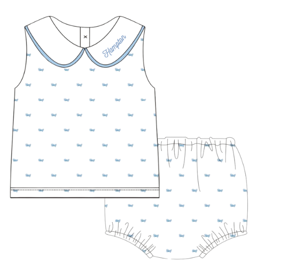 Blue Swiss Dot Diaper Set- Hand-Embroidered