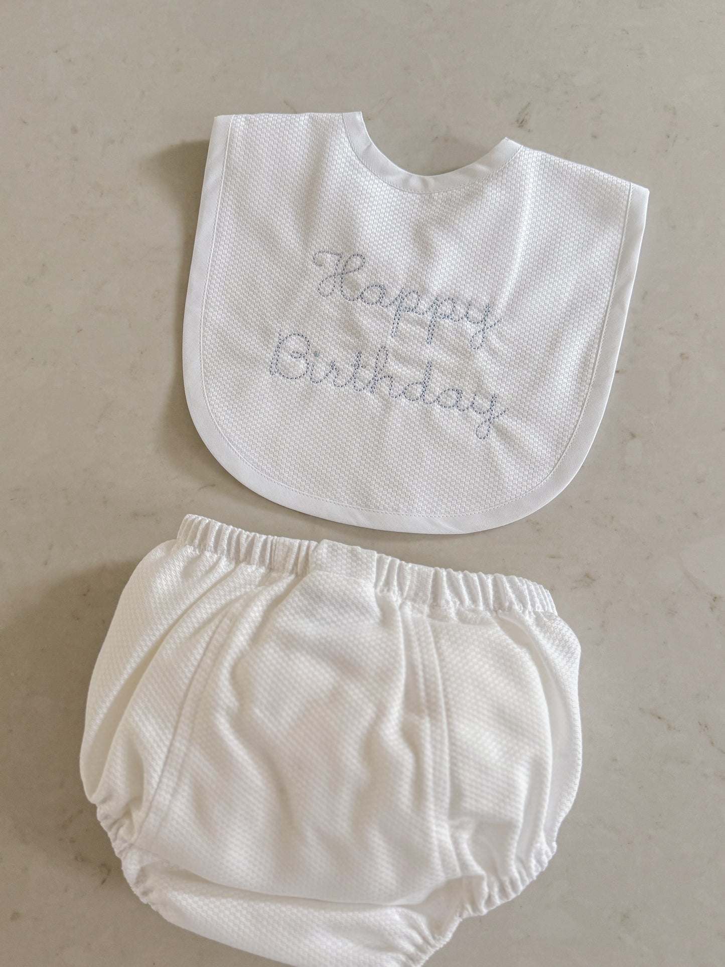 White Happy Birthday Bib & Diaper Cover Set (Blue)