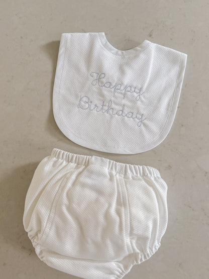 White Happy Birthday Bib & Diaper Cover Set (Blue)