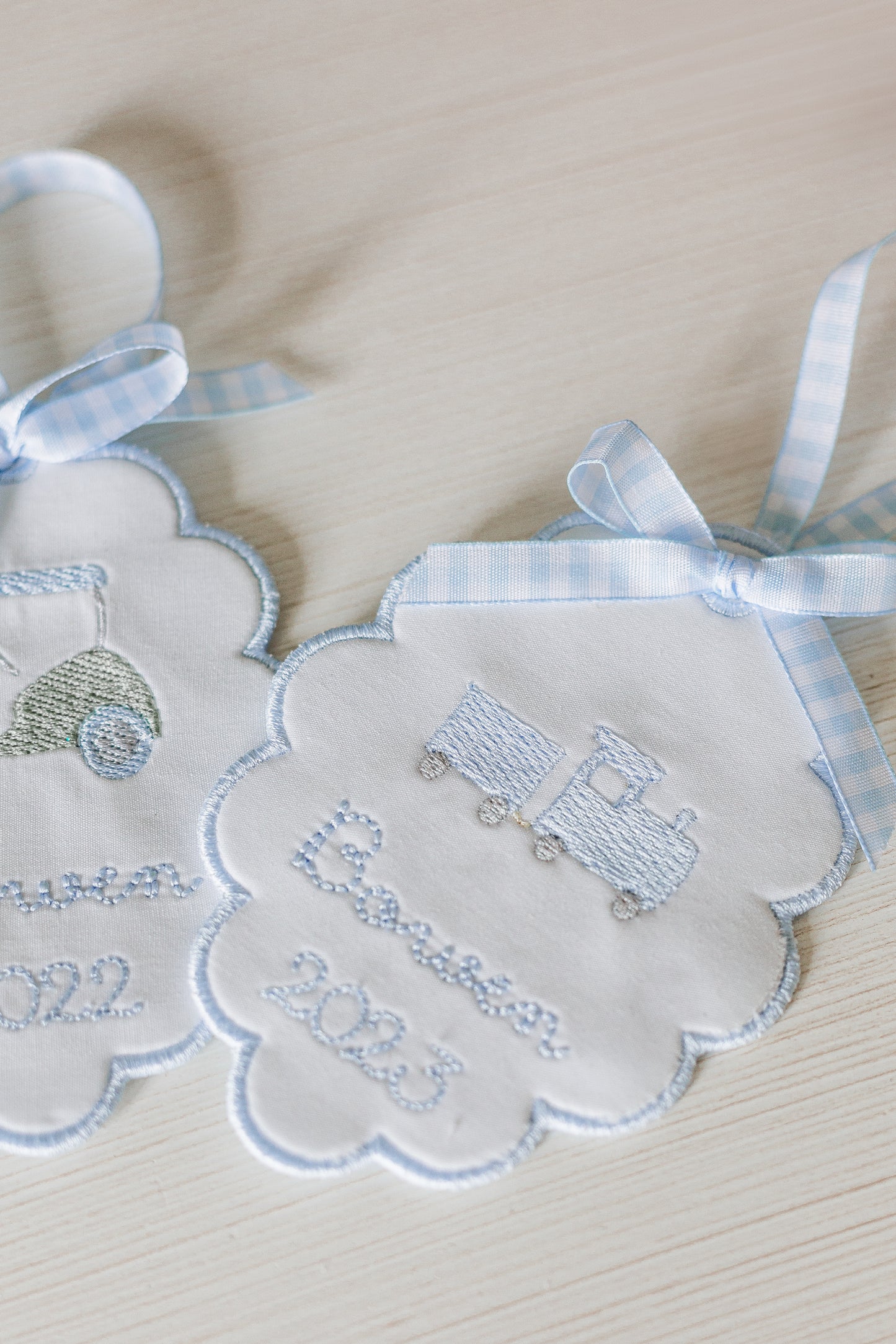 Boys Heirloom Christmas Ornament- Scalloped Circle Shape